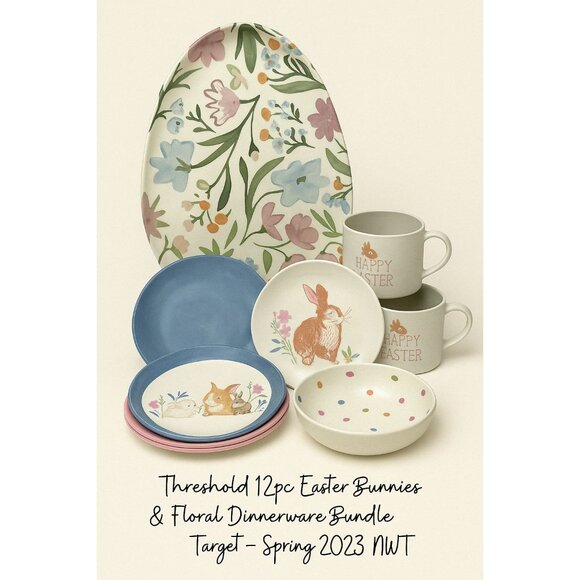 Threshold 12pc‎ Easter Bunnies & Floral Dinnerware Bundle Target Spring 2023 NWT - Picture 1 of 5